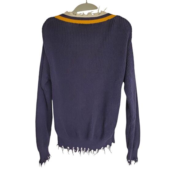 Women's Fate Navy V-Neck Knotted Cotton Sweater w/ Frayed Trim | Size Small - Picture 2 of 7